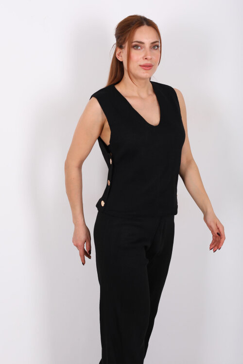 Yanları Düğmeli V Yaka Siyah Kadın Triko Takım - 4