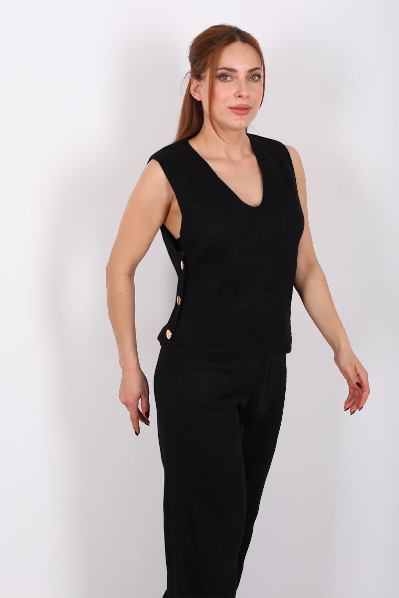 Yanları Düğmeli V Yaka Siyah Kadın Triko Takım - 4