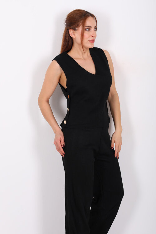 Yanları Düğmeli V Yaka Siyah Kadın Triko Takım - Berox