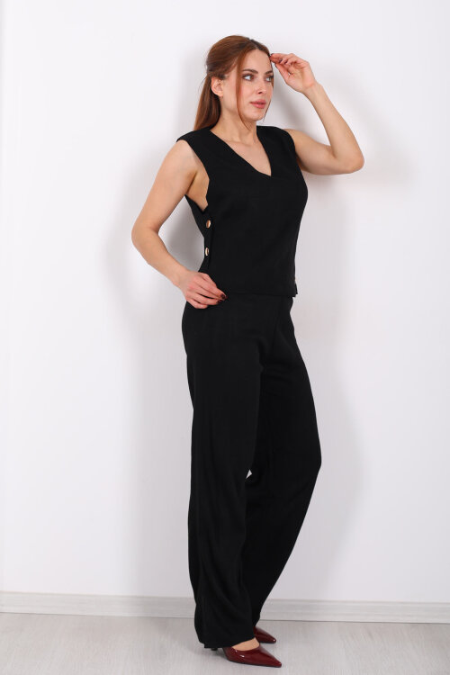 Yanları Düğmeli V Yaka Siyah Kadın Triko Takım - 3