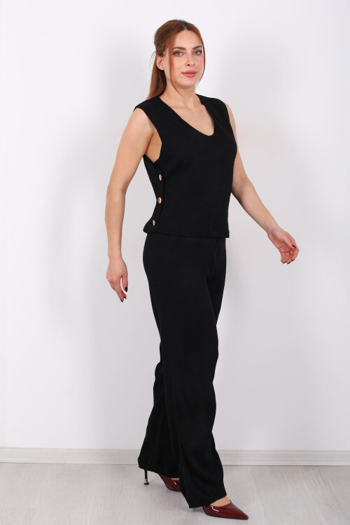 Yanları Düğmeli V Yaka Siyah Kadın Triko Takım - 5