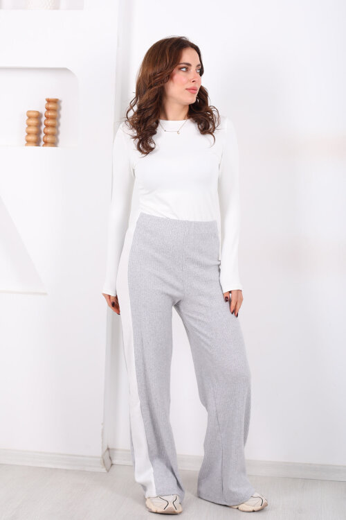 Yanları Şeritli Bol Paça Gri Kadın Yumoş Pantolon - 5