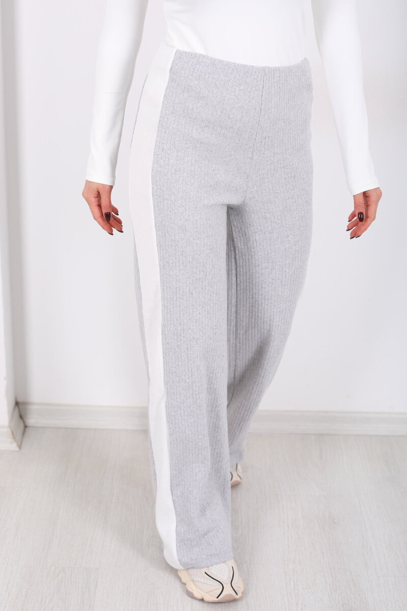 Yanları Şeritli Bol Paça Gri Kadın Yumoş Pantolon - 2