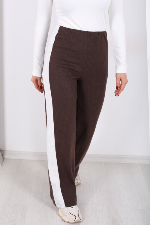 Yanları Şeritli Bol Paça Kahverengi Kadın Yumoş Pantolon - Berox (1)