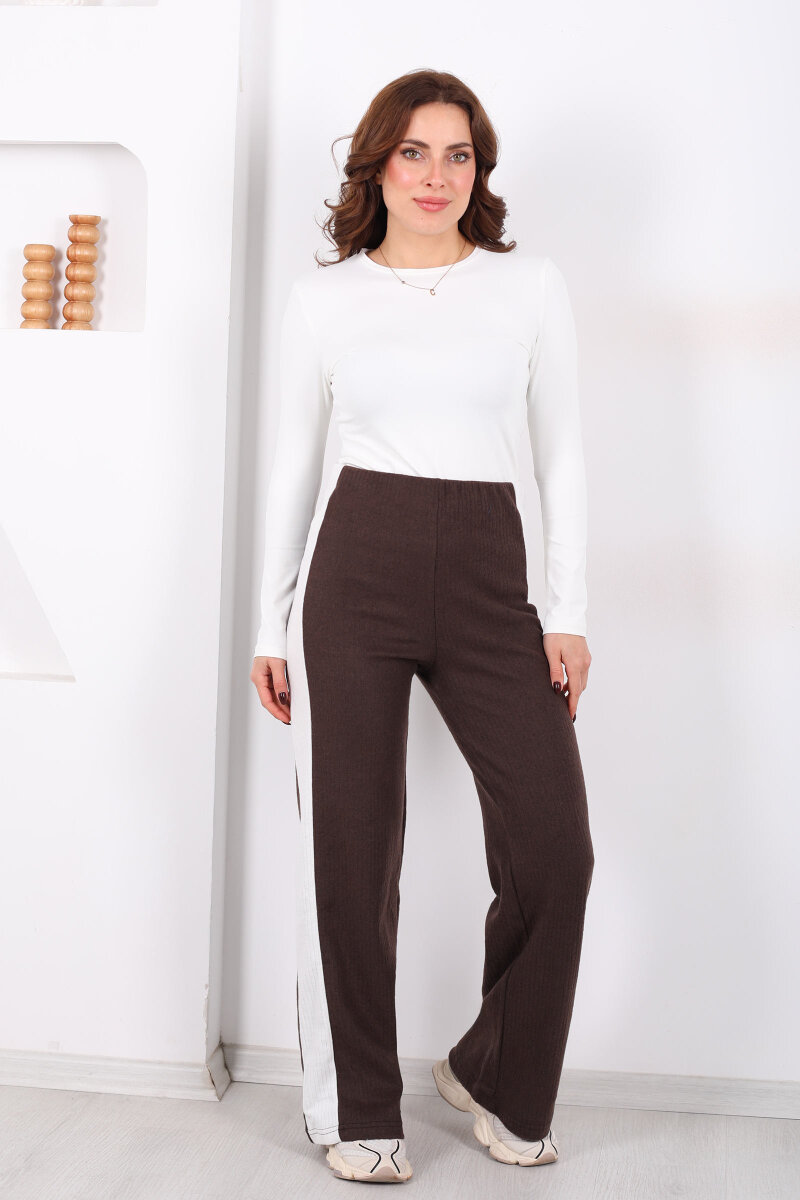 Yanları Şeritli Bol Paça Kahverengi Kadın Yumoş Pantolon - 6
