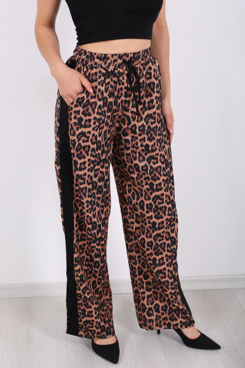Yanları Şeritli Bol Paça Leopar Kadın Pantolon - Berox (1)