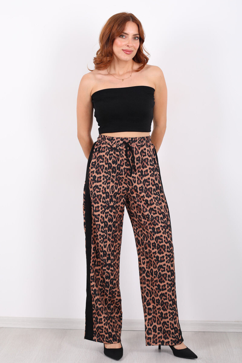 Yanları Şeritli Bol Paça Leopar Kadın Pantolon - 6