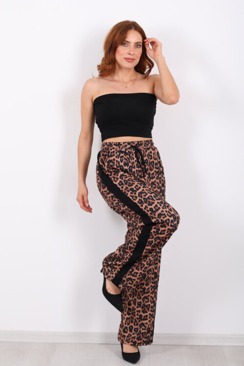 Yanları Şeritli Bol Paça Leopar Kadın Pantolon - 3