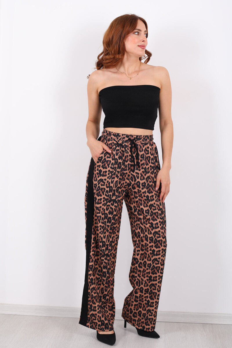 Yanları Şeritli Bol Paça Leopar Kadın Pantolon - 4