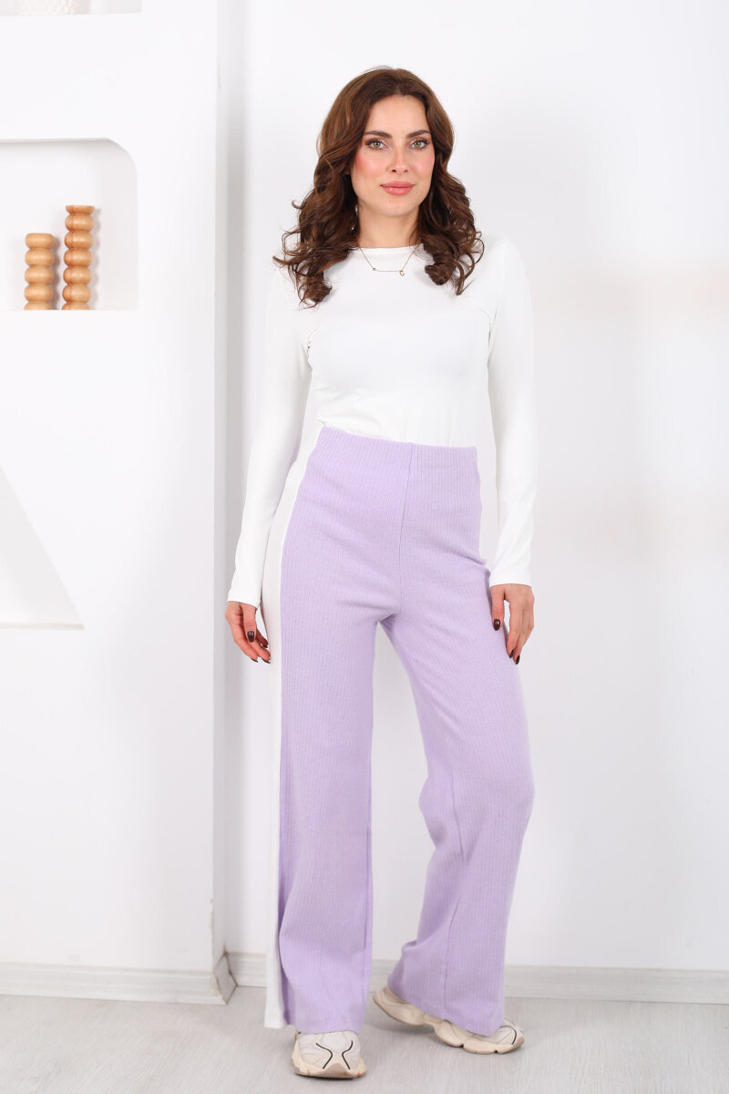Yanları Şeritli Bol Paça Lila Kadın Yumoş Pantolon - 5
