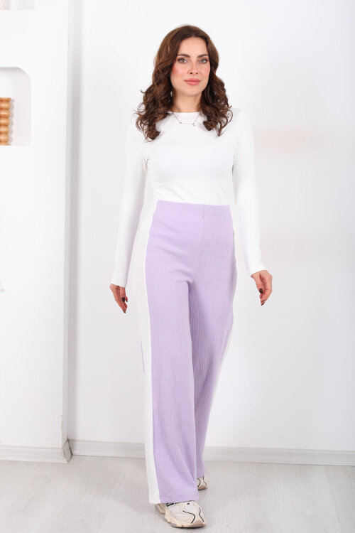 Yanları Şeritli Bol Paça Lila Kadın Yumoş Pantolon 