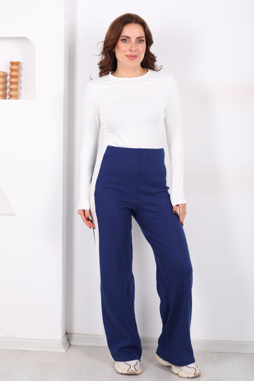 Yanları Şeritli Bol Paça Saks Mavisi Kadın Yumoş Pantolon - 6