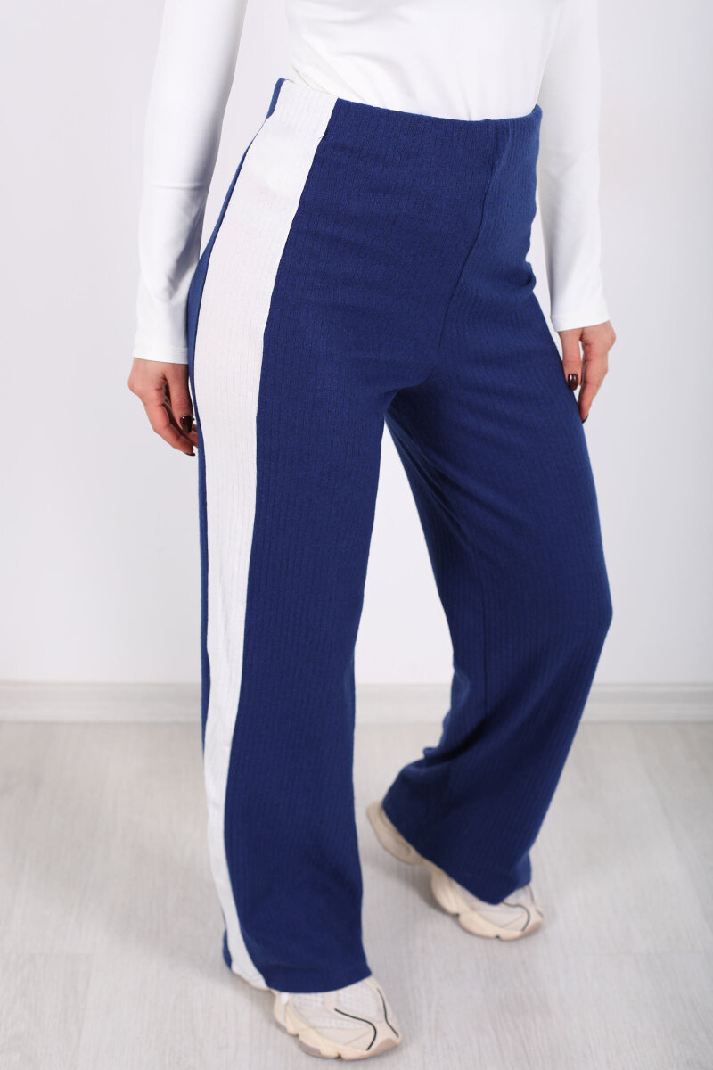 Yanları Şeritli Bol Paça Saks Mavisi Kadın Yumoş Pantolon - 2