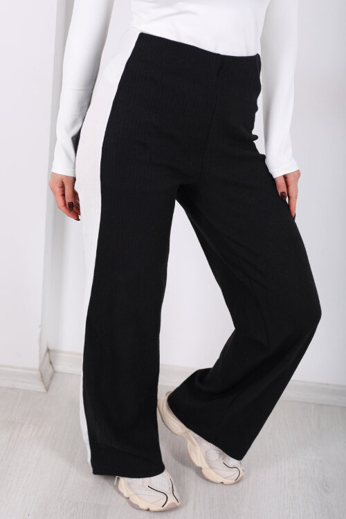 Yanları Şeritli Bol Paça Siyah Kadın Yumoş Pantolon - Berox (1)