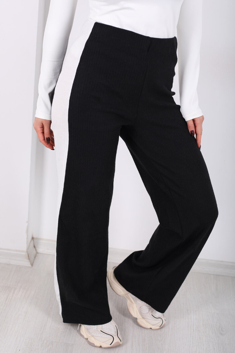 Yanları Şeritli Bol Paça Siyah Kadın Yumoş Pantolon - 2