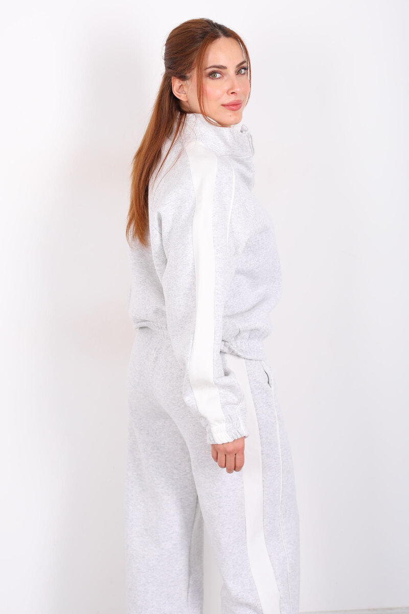 Yanları Şeritli Fermuarlı Gri Kadın Üç İp Takım - 5