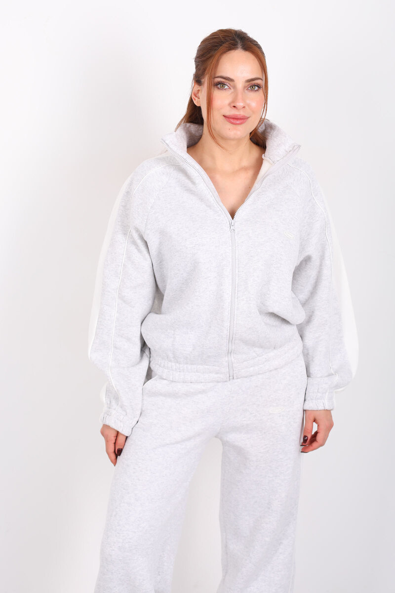 Yanları Şeritli Fermuarlı Gri Kadın Üç İp Takım - 6