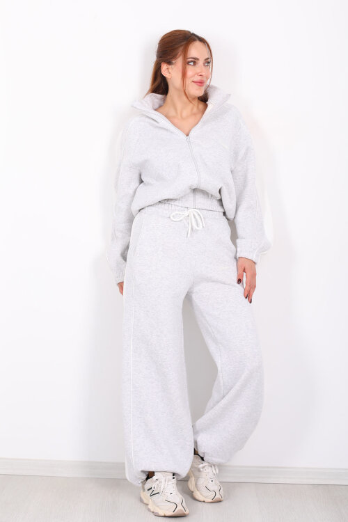 Yanları Şeritli Fermuarlı Gri Kadın Üç İp Takım - 4