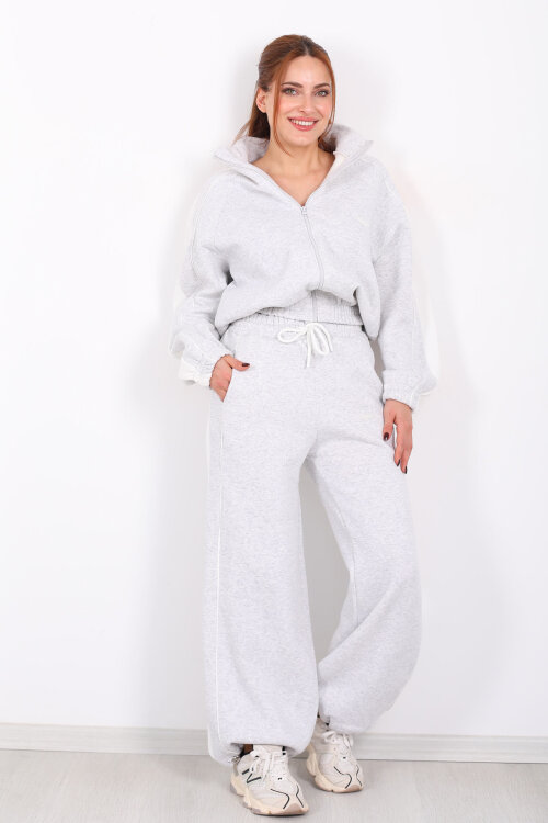 Yanları Şeritli Fermuarlı Gri Kadın Üç İp Takım - 7