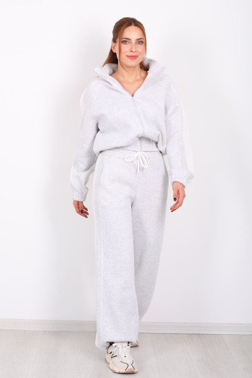 Yanları Şeritli Fermuarlı Gri Kadın Üç İp Takım - 3