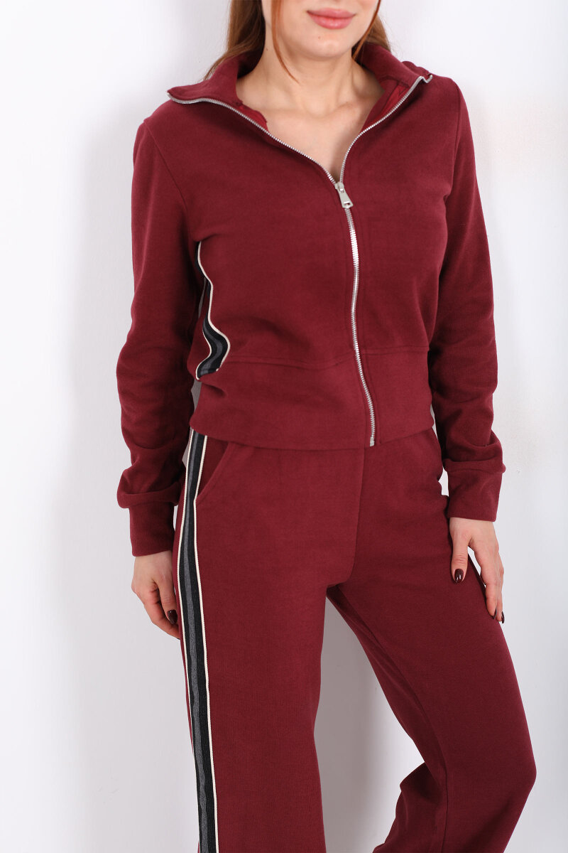 Yanları Şeritli Selanik Bordo Kadın Palazzo Takım - 2