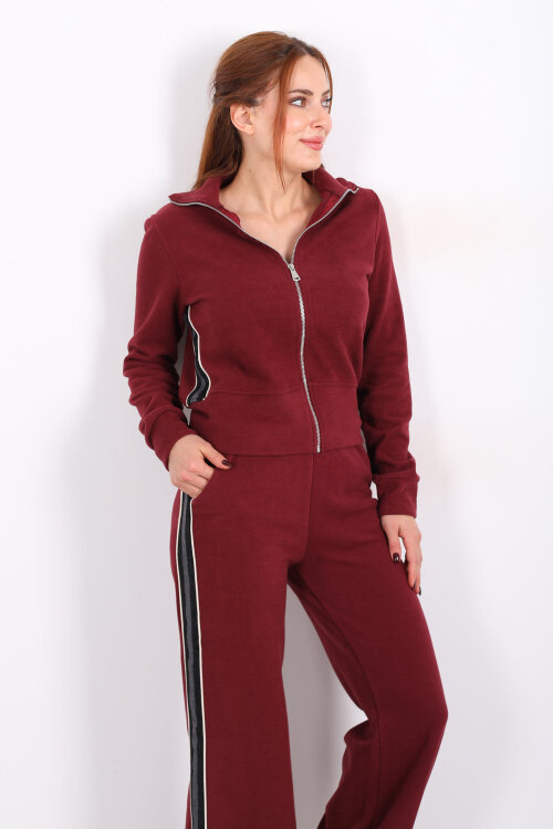 Yanları Şeritli Selanik Bordo Kadın Palazzo Takım - Berox