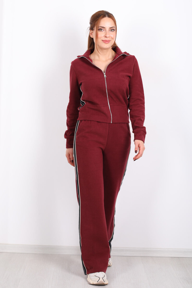 Yanları Şeritli Selanik Bordo Kadın Palazzo Takım - 3