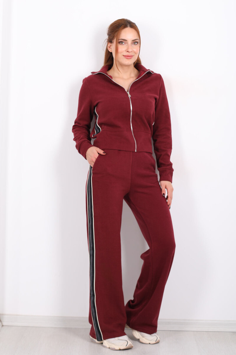 Yanları Şeritli Selanik Bordo Kadın Palazzo Takım - 4