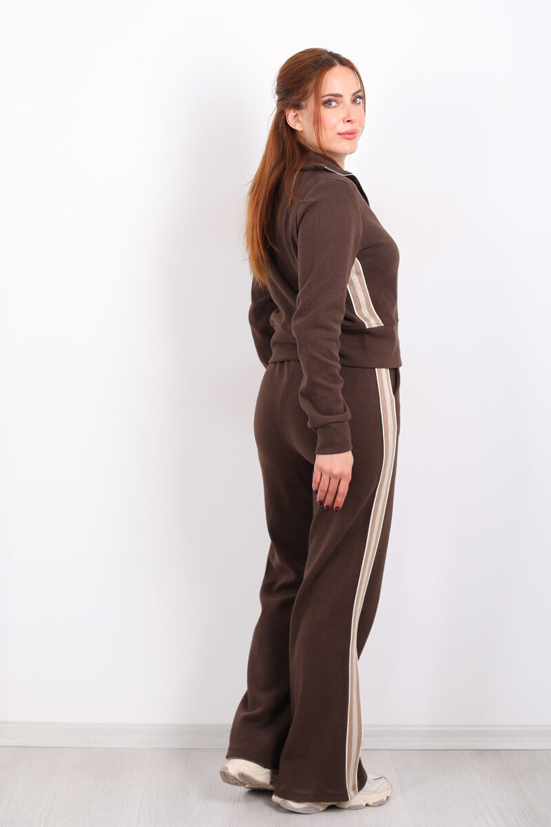 Yanları Şeritli Selanik Kahverengi Kadın Palazzo Takım - 5