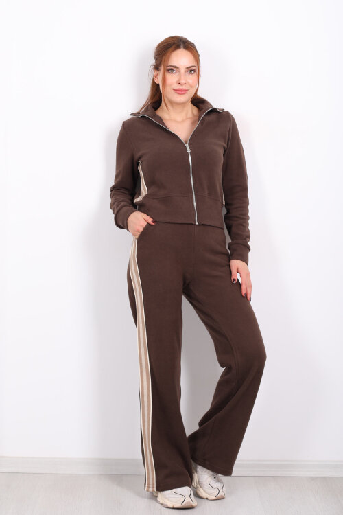 Yanları Şeritli Selanik Kahverengi Kadın Palazzo Takım - 7