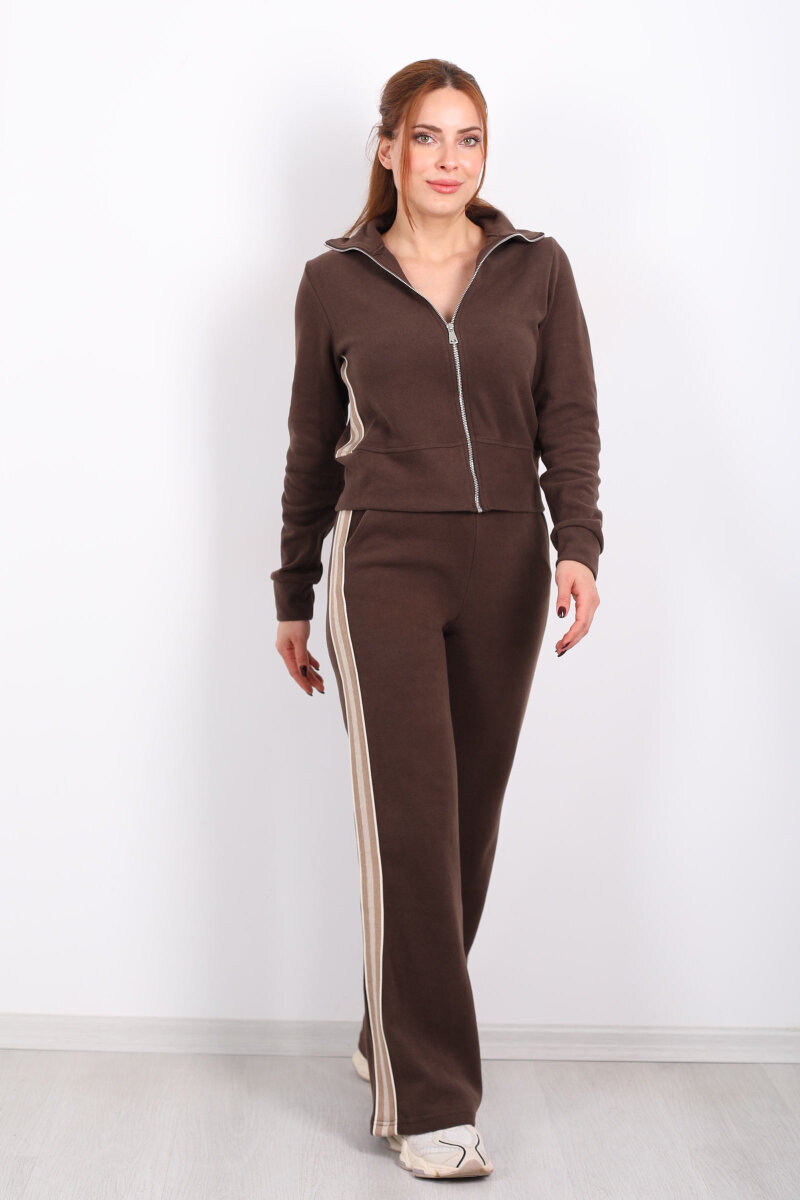 Yanları Şeritli Selanik Kahverengi Kadın Palazzo Takım - 4