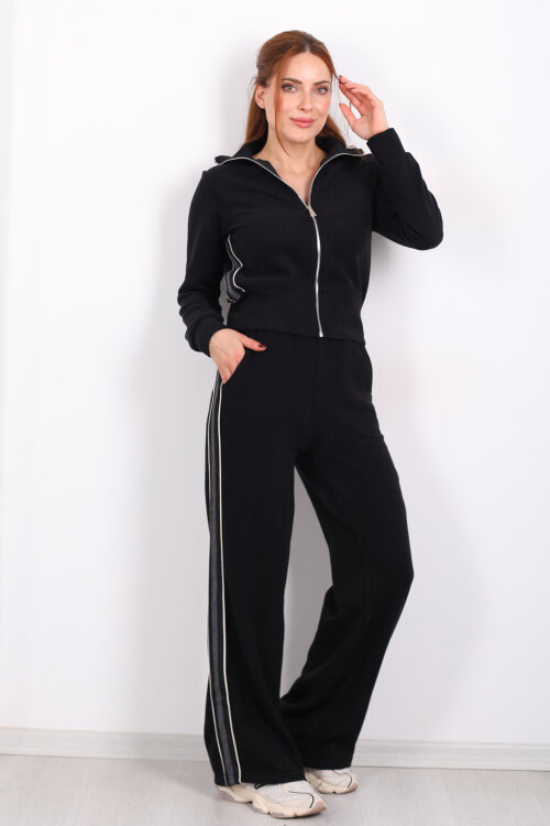 Yanları Şeritli Selanik Siyah Kadın Palazzo Takım - Berox