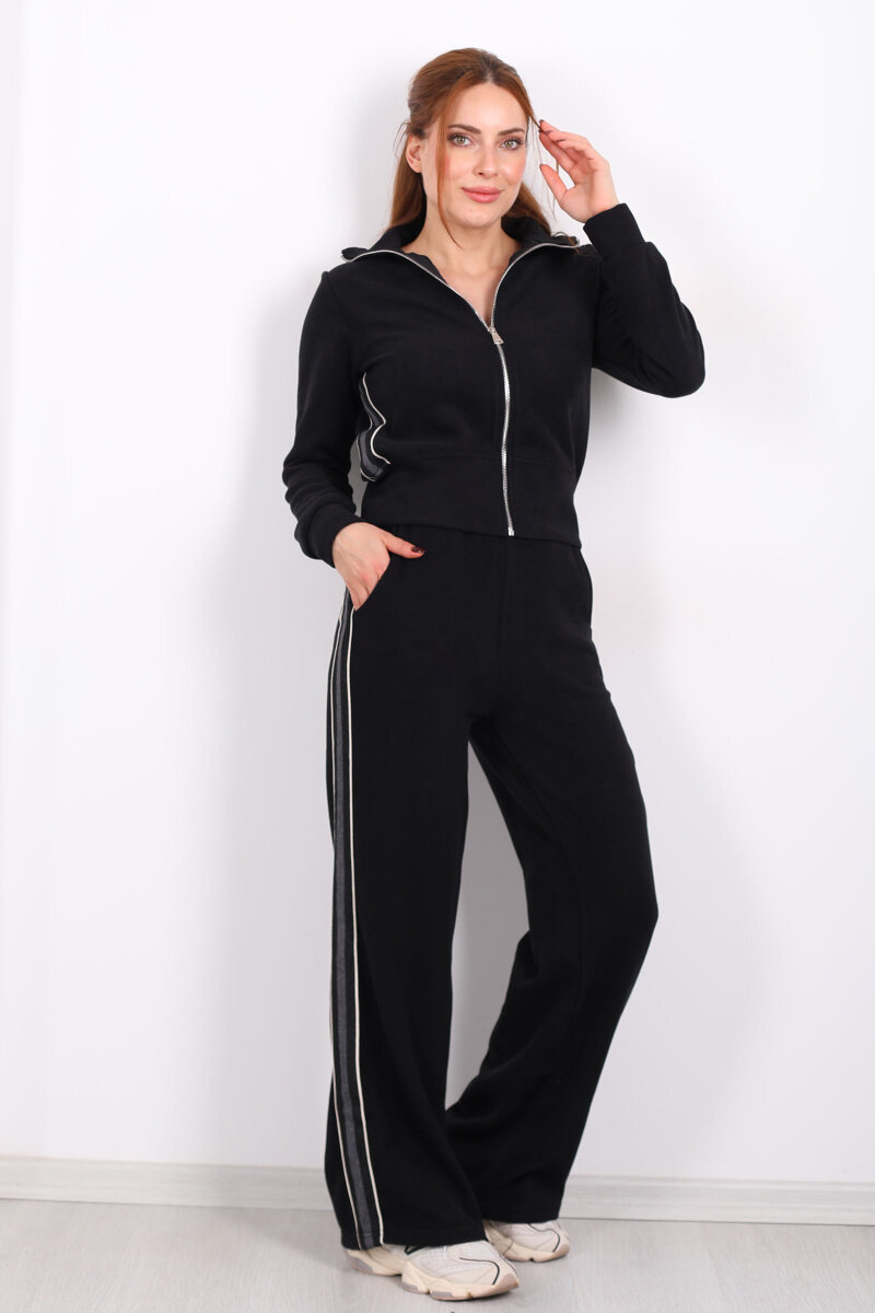 Yanları Şeritli Selanik Siyah Kadın Palazzo Takım - 1