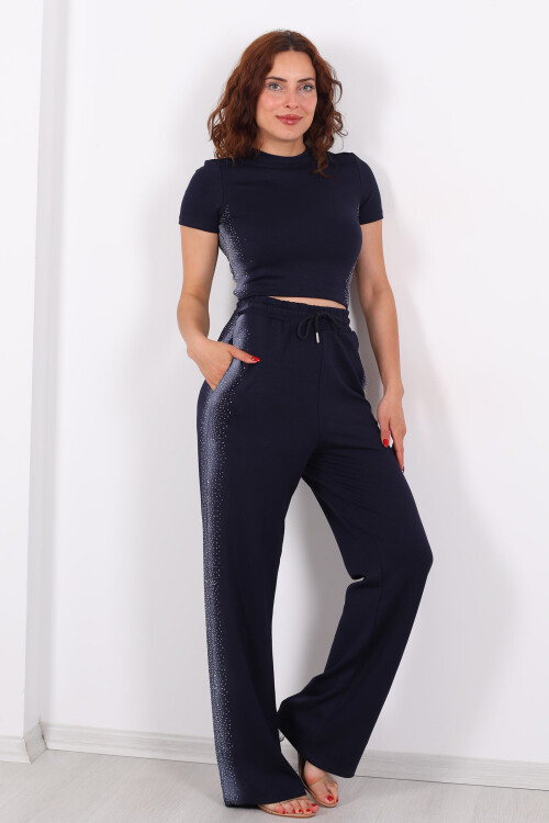 Yanları Taşlı Crop - Pantolon Lacivert Kadın Takım 