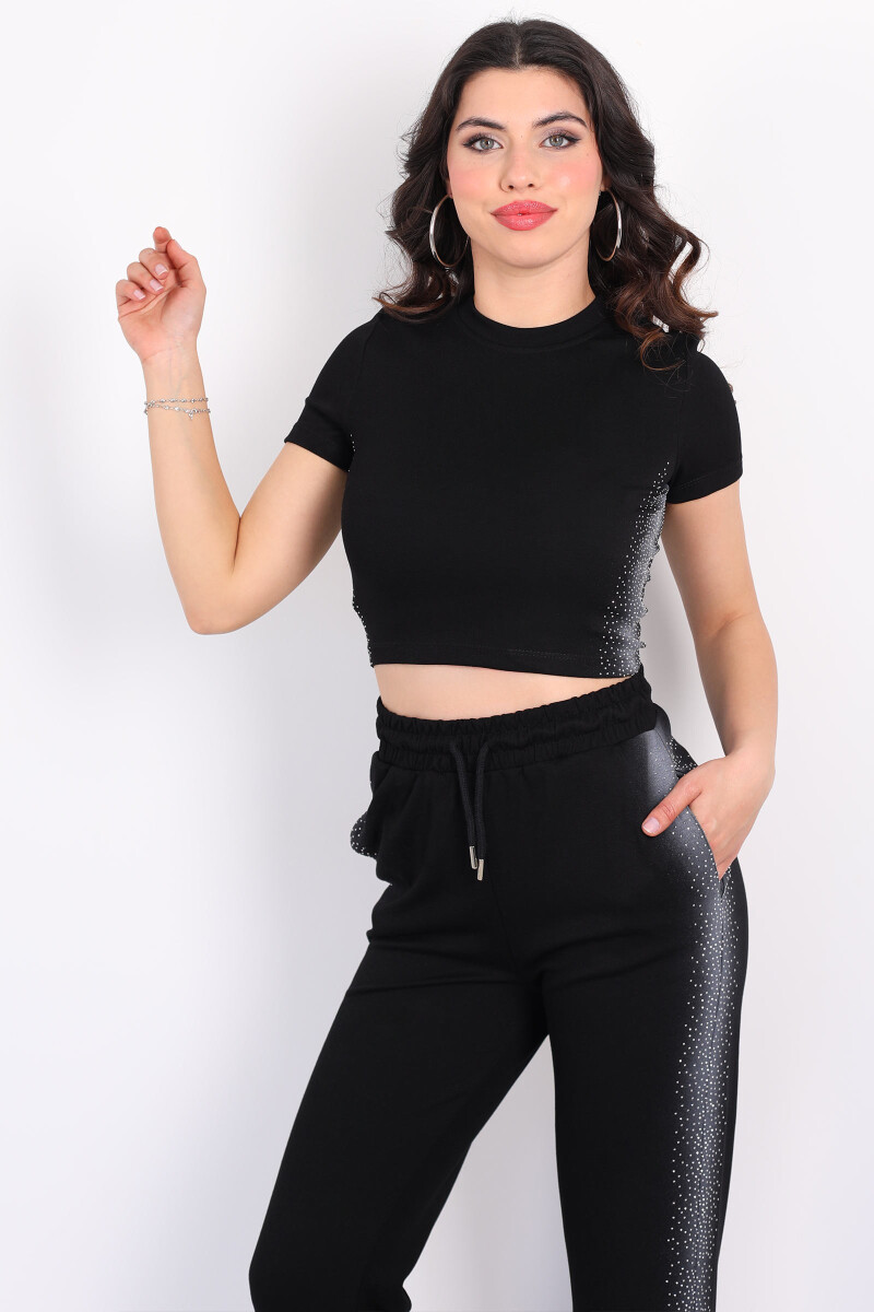 Yanları Taşlı Crop - Pantolon Siyah Kadın Takım - 3