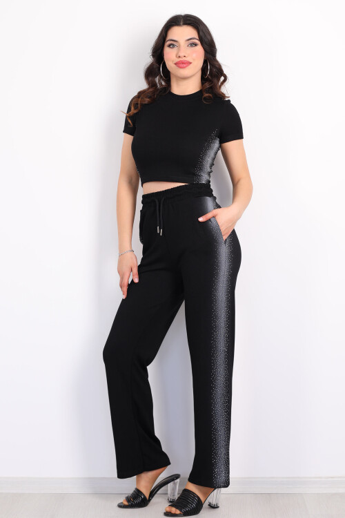 Yanları Taşlı Crop - Pantolon Siyah Kadın Takım - 5