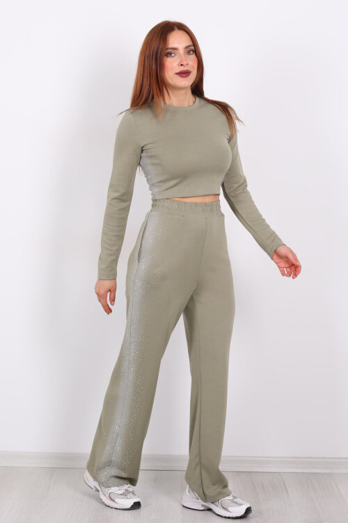 Yanları Taşlı Haki Kadın Modal Takım - 4