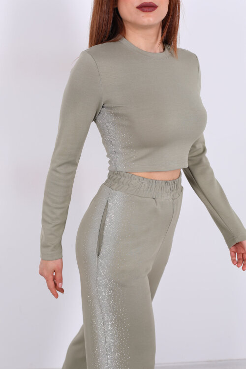 Yanları Taşlı Haki Kadın Modal Takım - Berox (1)