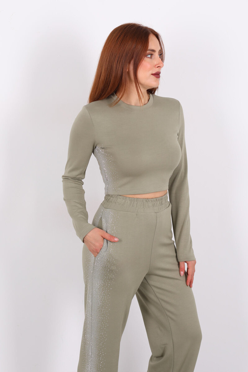 Yanları Taşlı Haki Kadın Modal Takım - 3