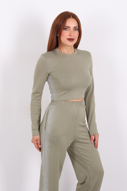 Yanları Taşlı Haki Kadın Modal Takım - 6