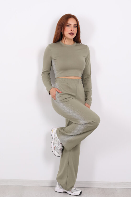 Yanları Taşlı Haki Kadın Modal Takım - Berox