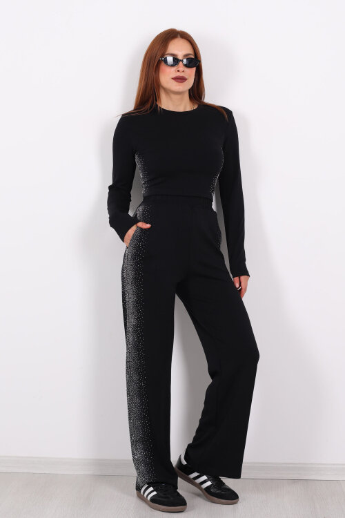 Yanları Taşlı Siyah Kadın Modal Takım - Berox