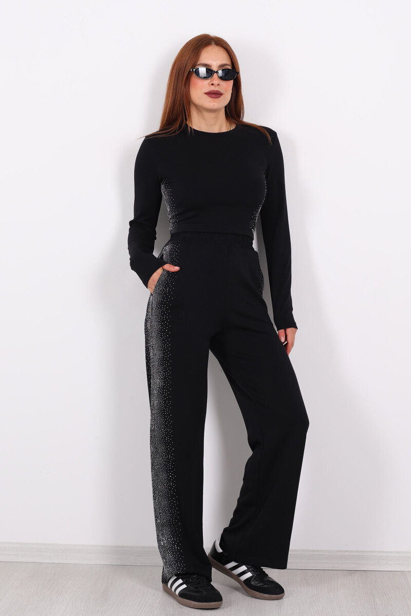 Yanları Taşlı Siyah Kadın Modal Takım - 1
