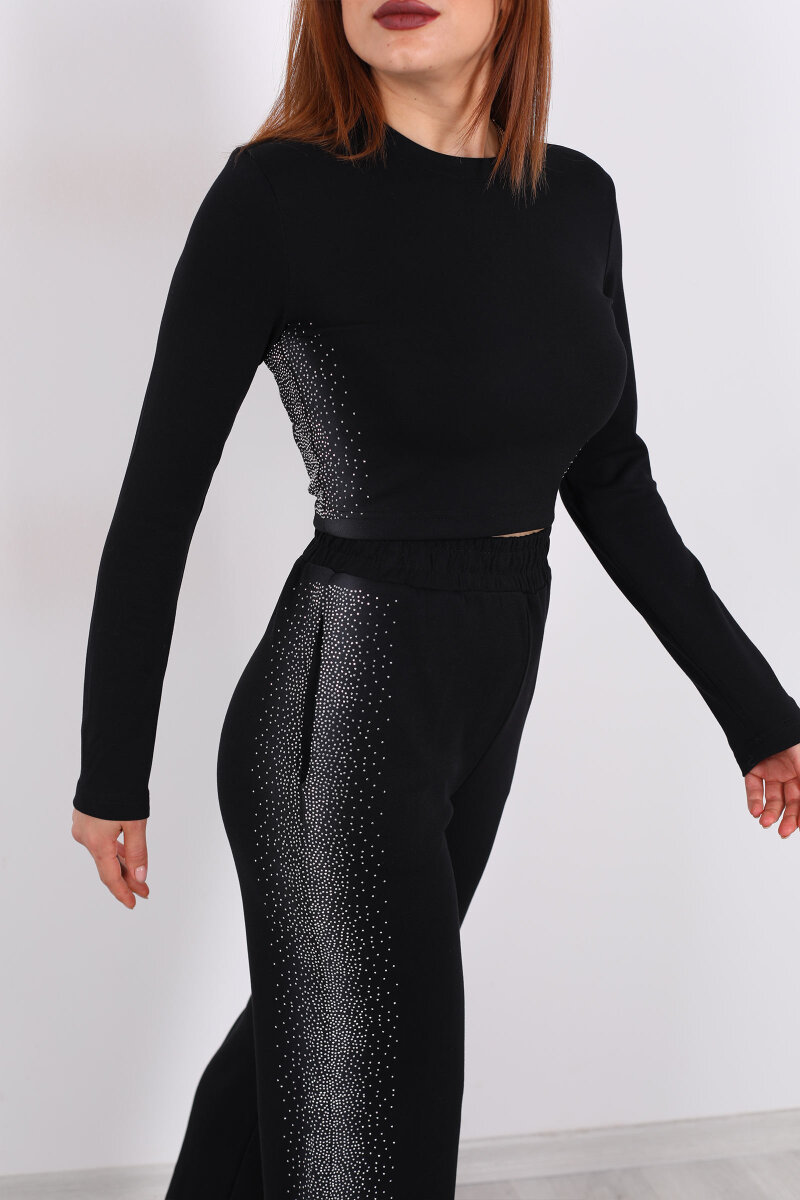 Yanları Taşlı Siyah Kadın Modal Takım - 2