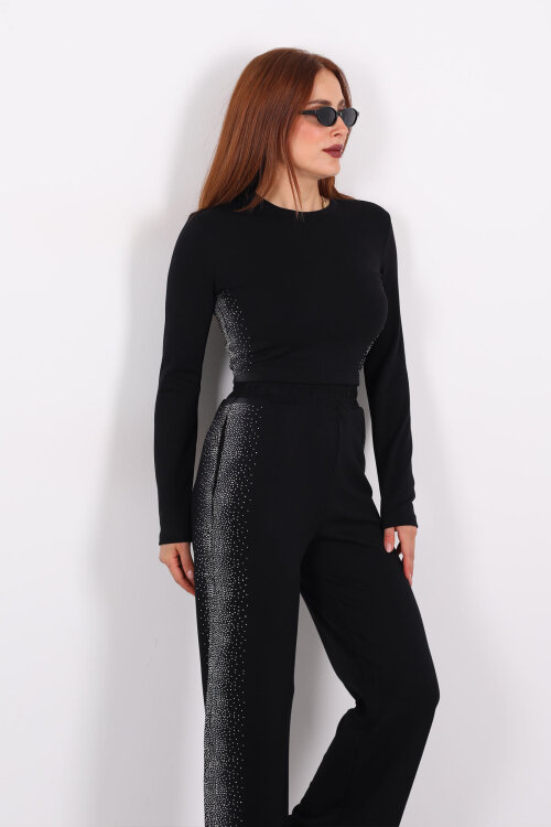 Yanları Taşlı Siyah Kadın Modal Takım - 3