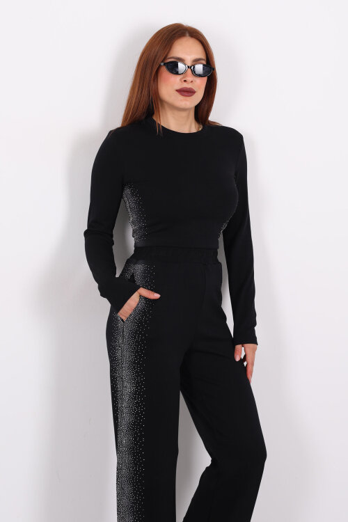 Yanları Taşlı Siyah Kadın Modal Takım - 7