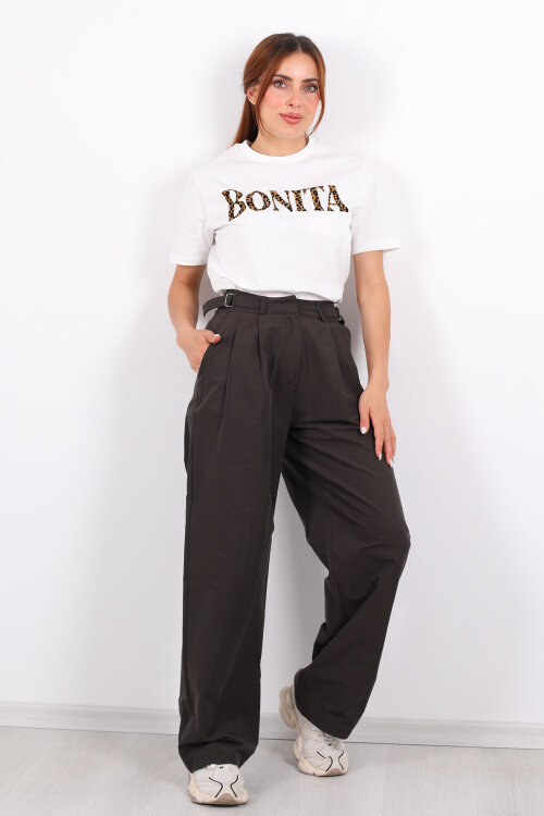 Yanları Tokalı Pileli Acı Kahve Kadın Palazzo Pantolon - 4