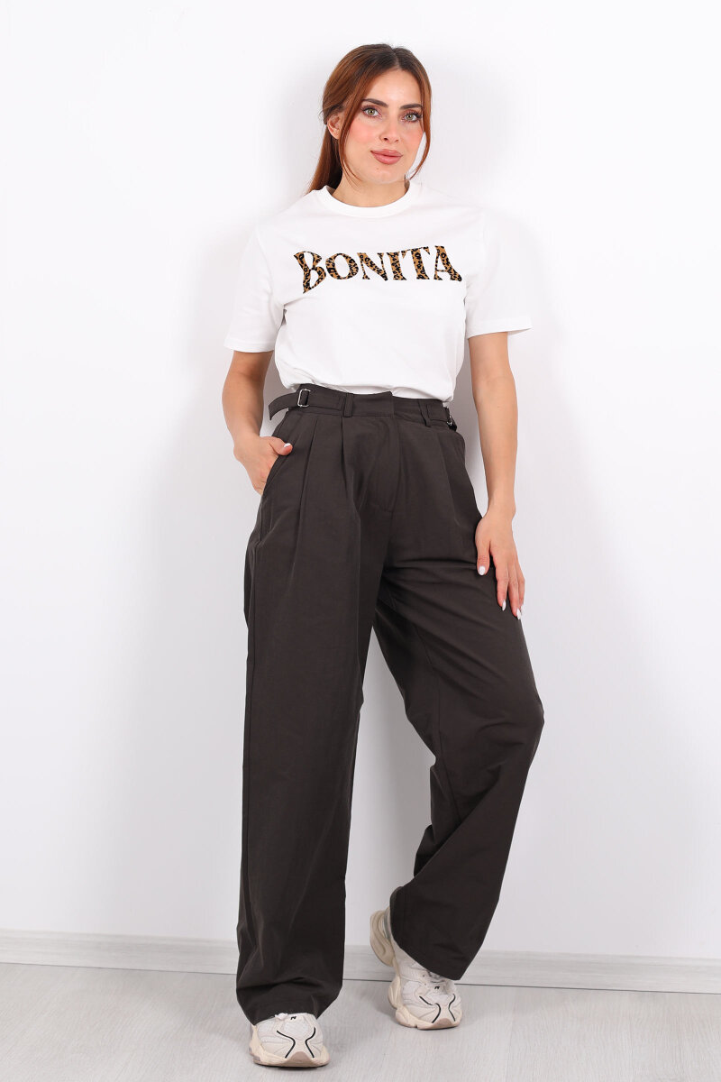 Yanları Tokalı Pileli Acı Kahve Kadın Palazzo Pantolon - 4