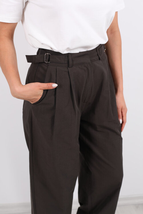 Yanları Tokalı Pileli Acı Kahve Kadın Palazzo Pantolon - Berox (1)