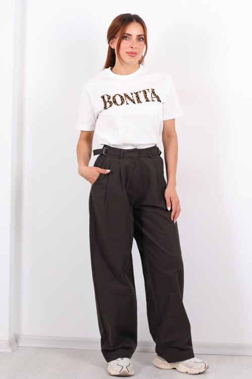 Yanları Tokalı Pileli Acı Kahve Kadın Palazzo Pantolon - 6